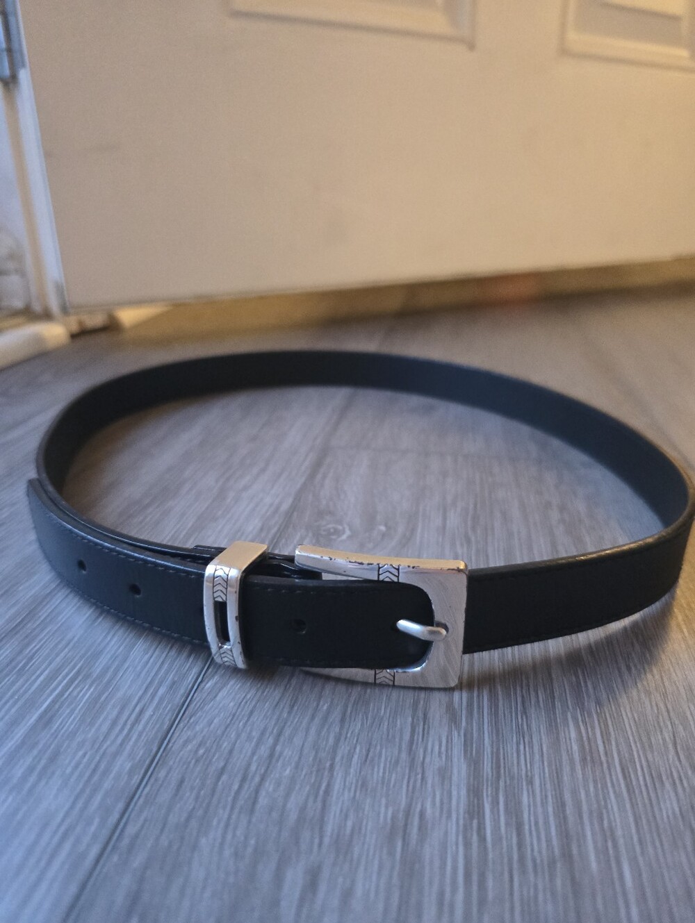 Amanda Smith Black Leather Belt Silver Western Buckle Engraved Boho USA Size XL